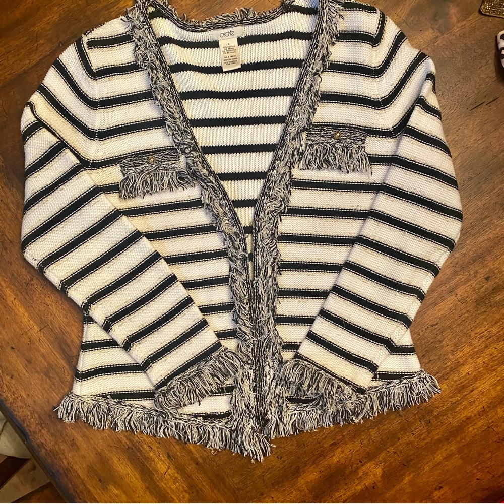 Cache Black and White Fringe Cardigan Sweater